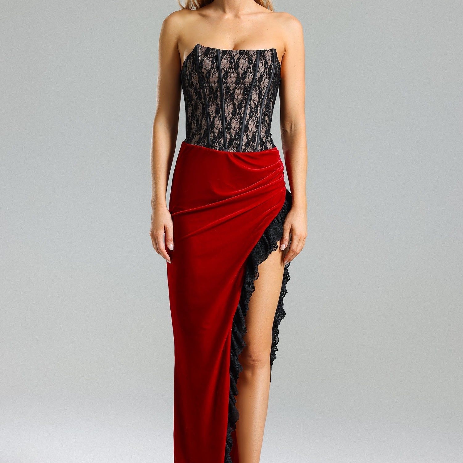 Léontine Dantelli Kadife Drape Maxi Elbise