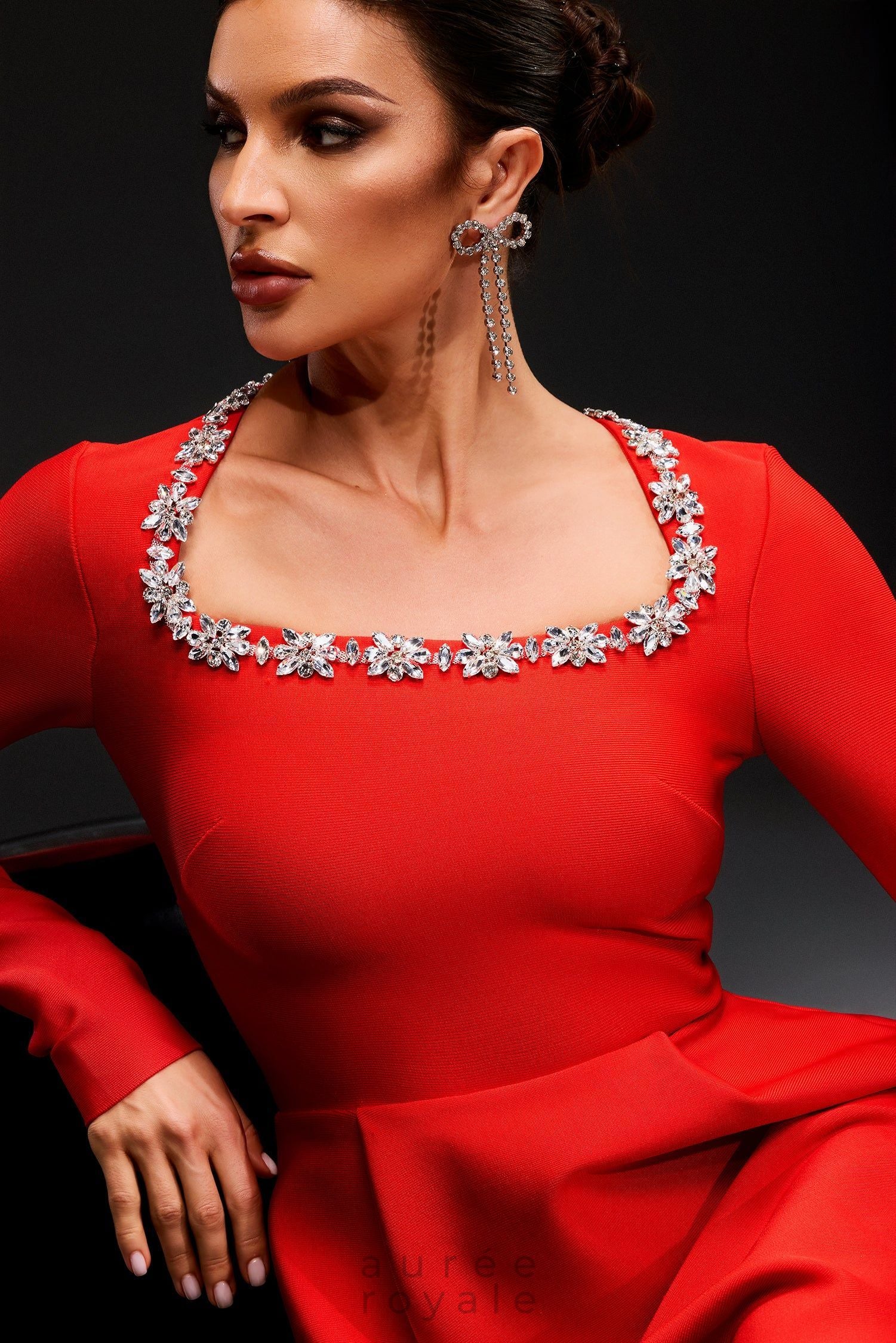 Milena Taş İşlemeli Uzun Kollu Fit & Flare Mini Elbise