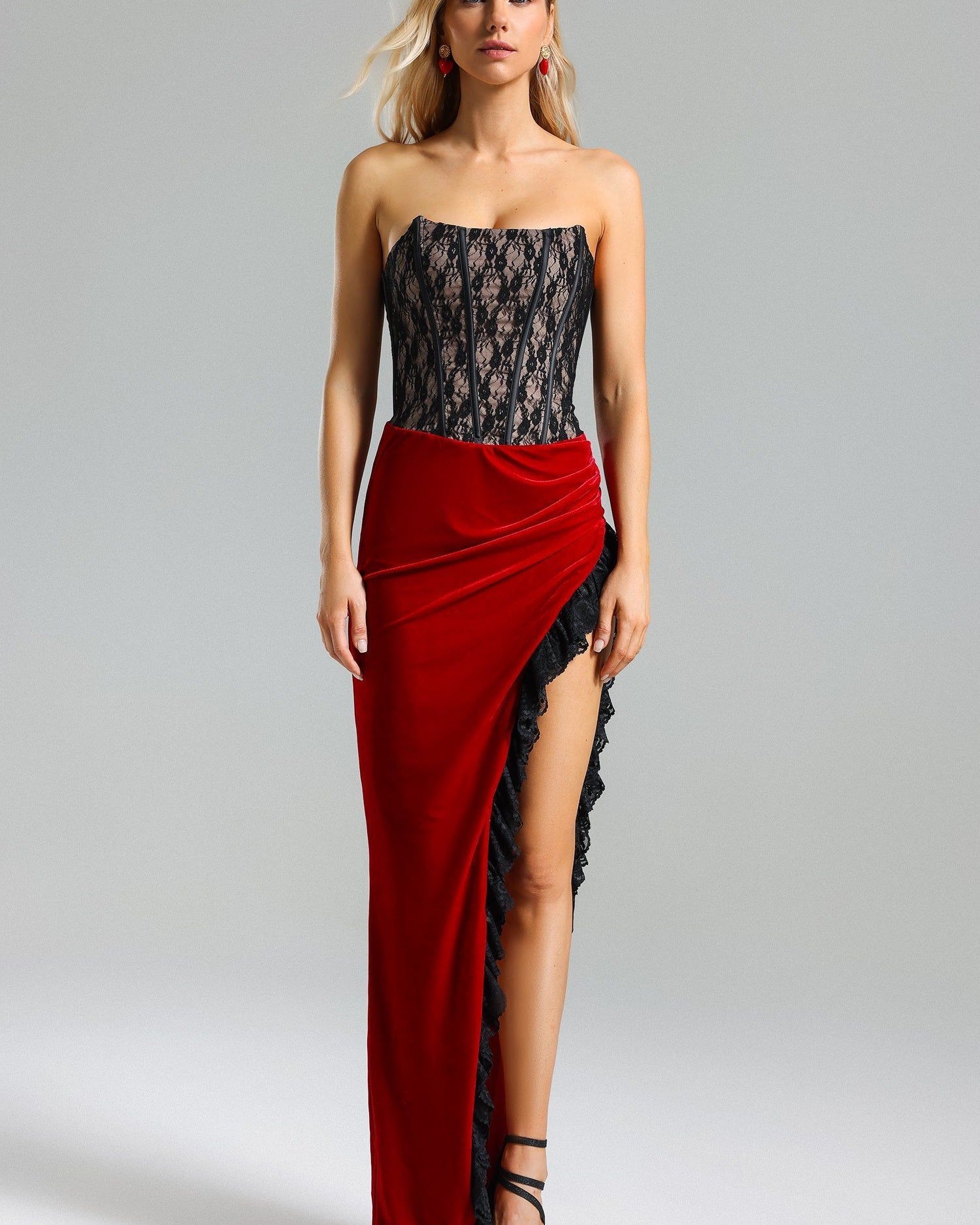 Léontine Dantelli Kadife Drape Maxi Elbise