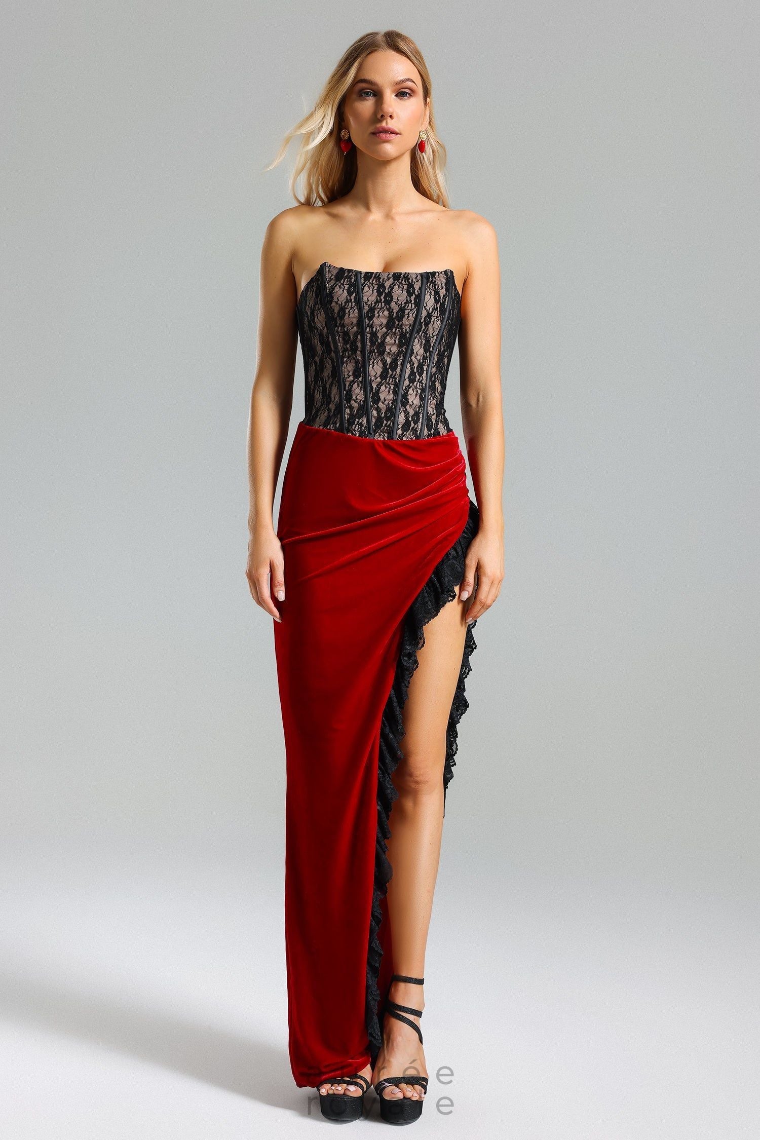 Léontine Dantelli Kadife Drape Maxi Elbise