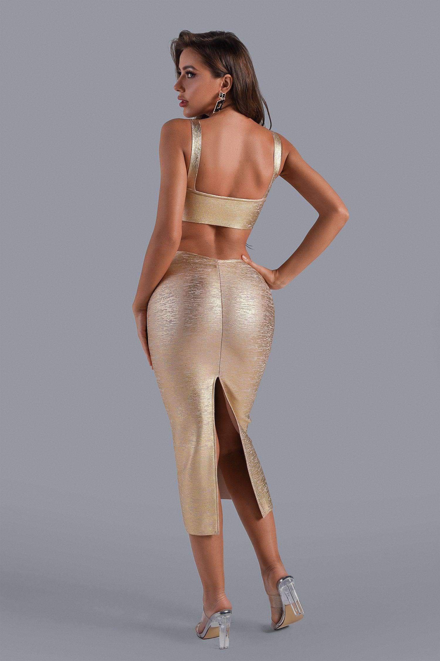 Solenne Metalik Işıltılı Cut-Out Midi Elbise