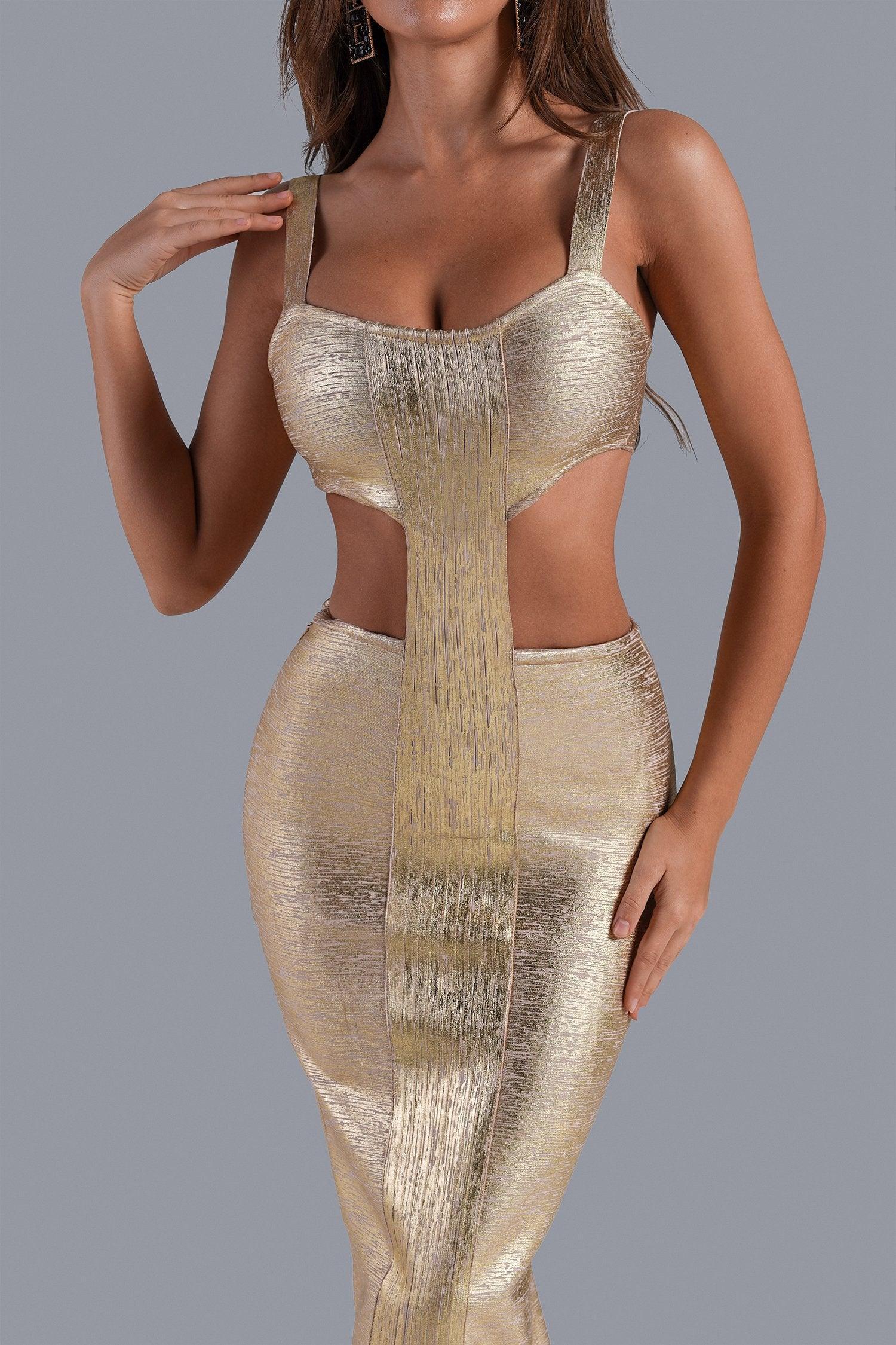 Solenne Metalik Işıltılı Cut-Out Midi Elbise